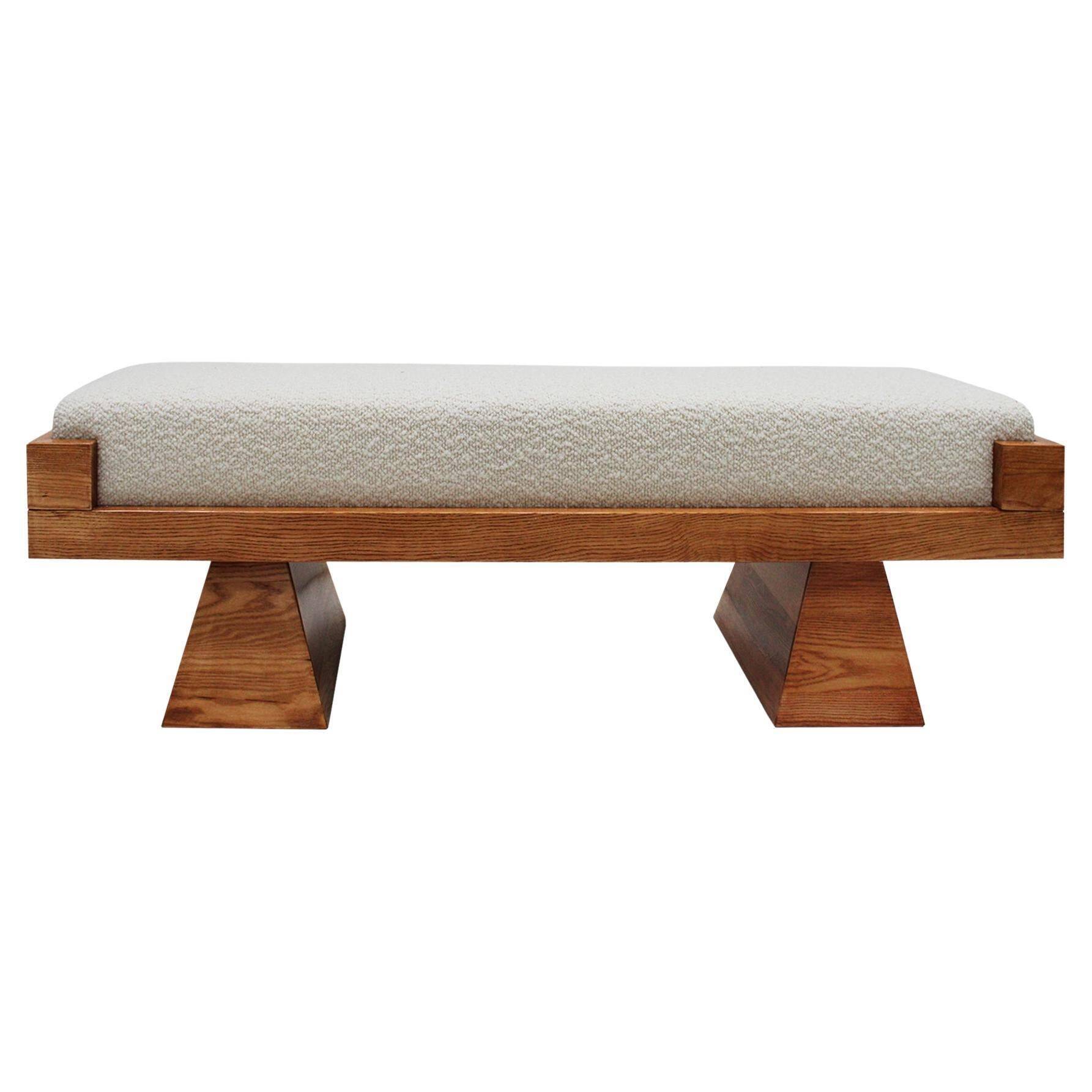 Brutalist Style Bench with Solid Oak Pyramid Bases and Ivory Bouclé Upholstery