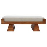 Brutalist Style Bench with Solid Oak Pyramid Bases and Ivory Bouclé Upholstery