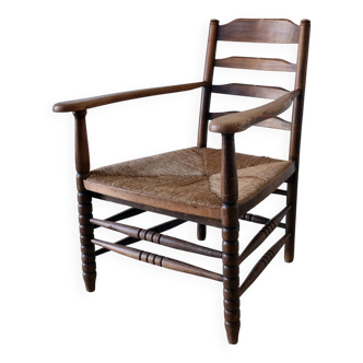 Rustic bobbin rush seat low armchair | Netherlands | 1940s
