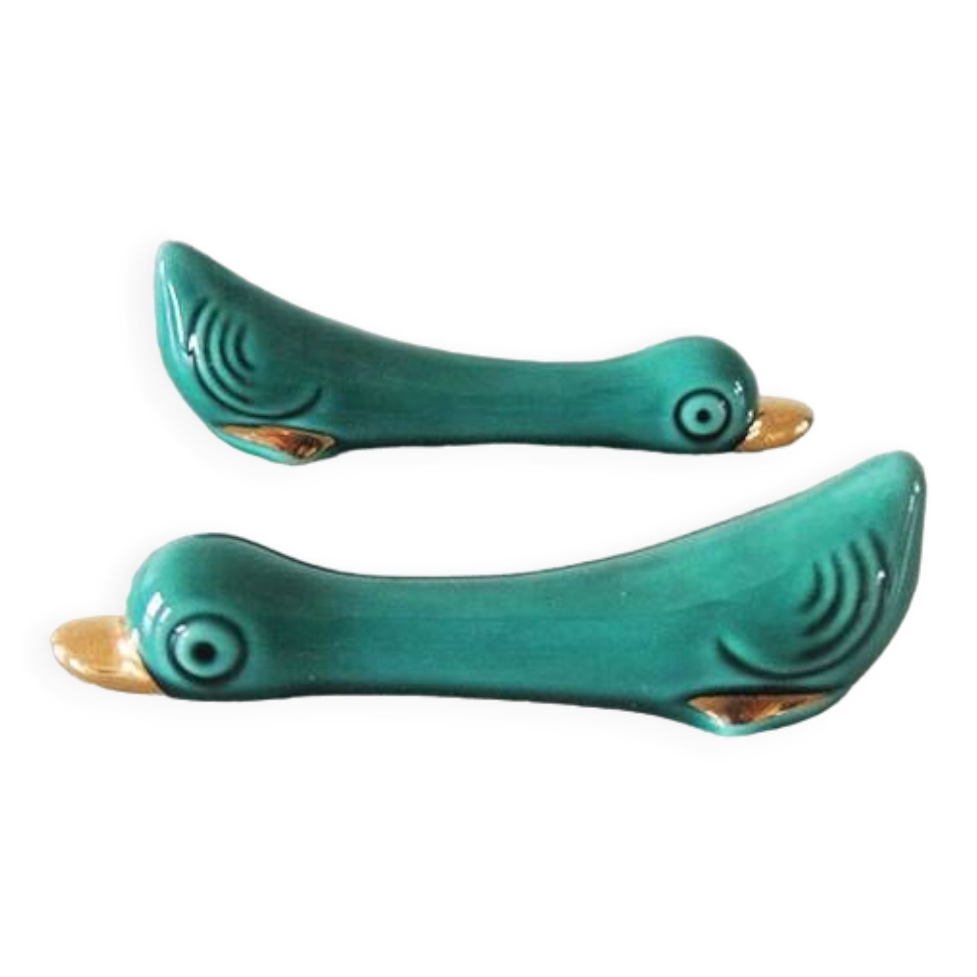 12 Old Duck Knife Holders in Green Ceramic