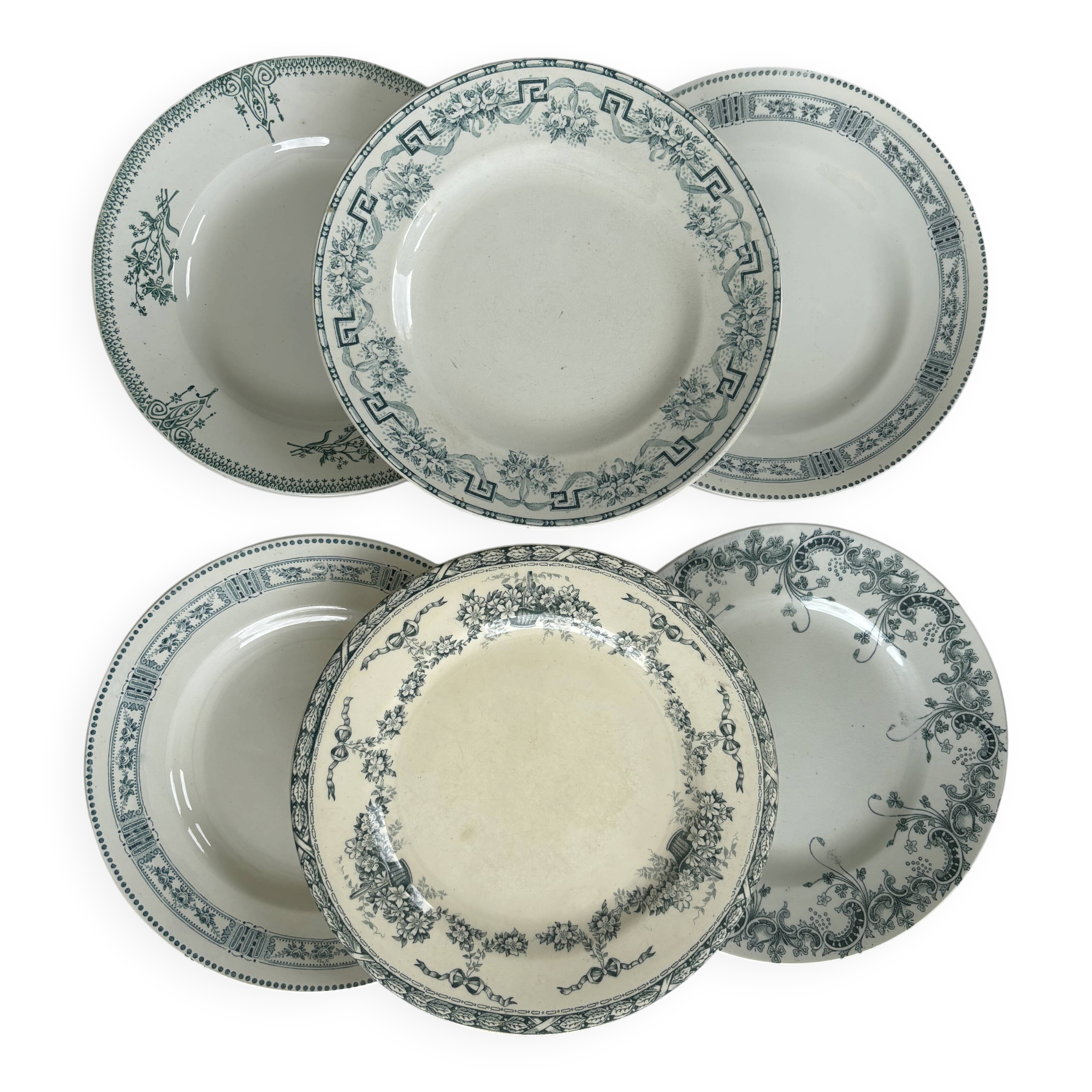 Lot of 6 blue-green ironstone plates, antique French earthenware.