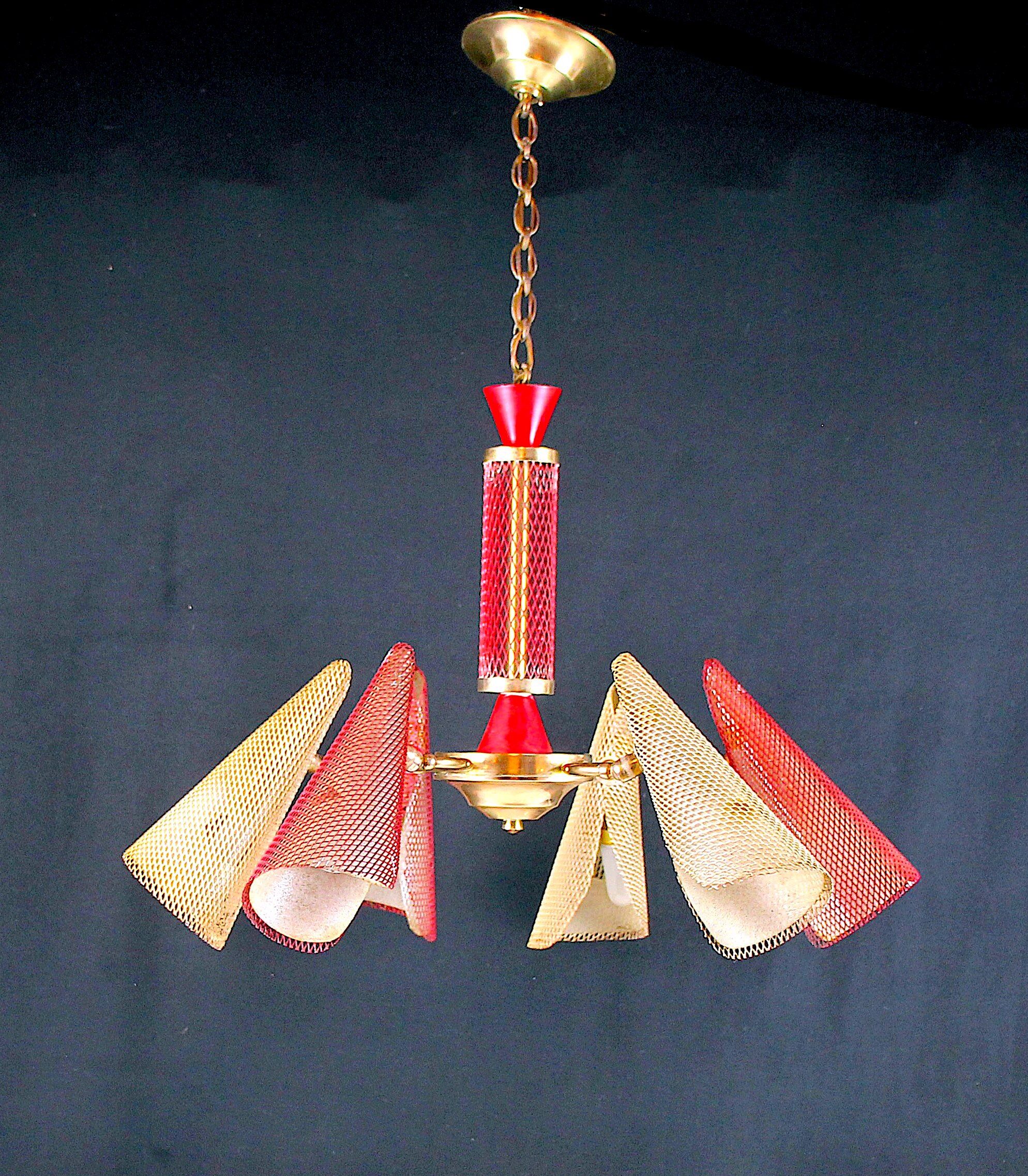 Bi-color chandelier, perforated metal, France Mid-Century