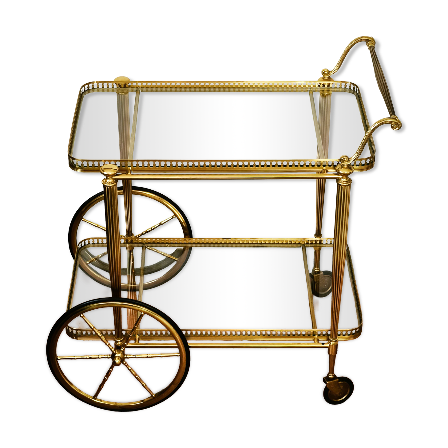 Rolling bar cart in brass and glass, mid-century, Italy