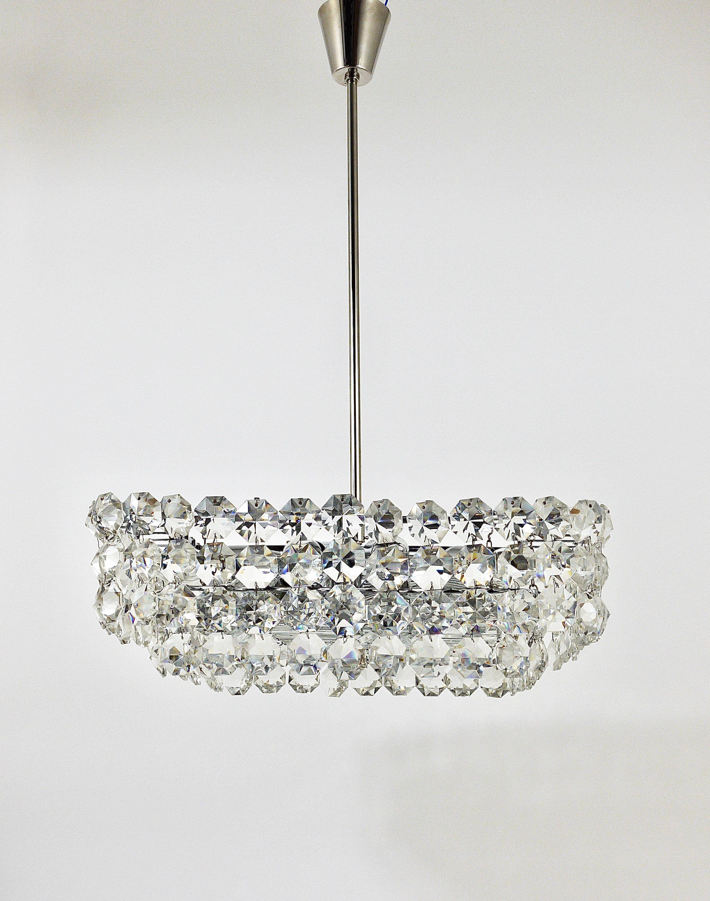 Large square chandelier by Bakalowits with diamond-shaped crystals, Austria, 1950s.