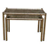 Pair of nesting coffee tables in gold metal with bamboo effect