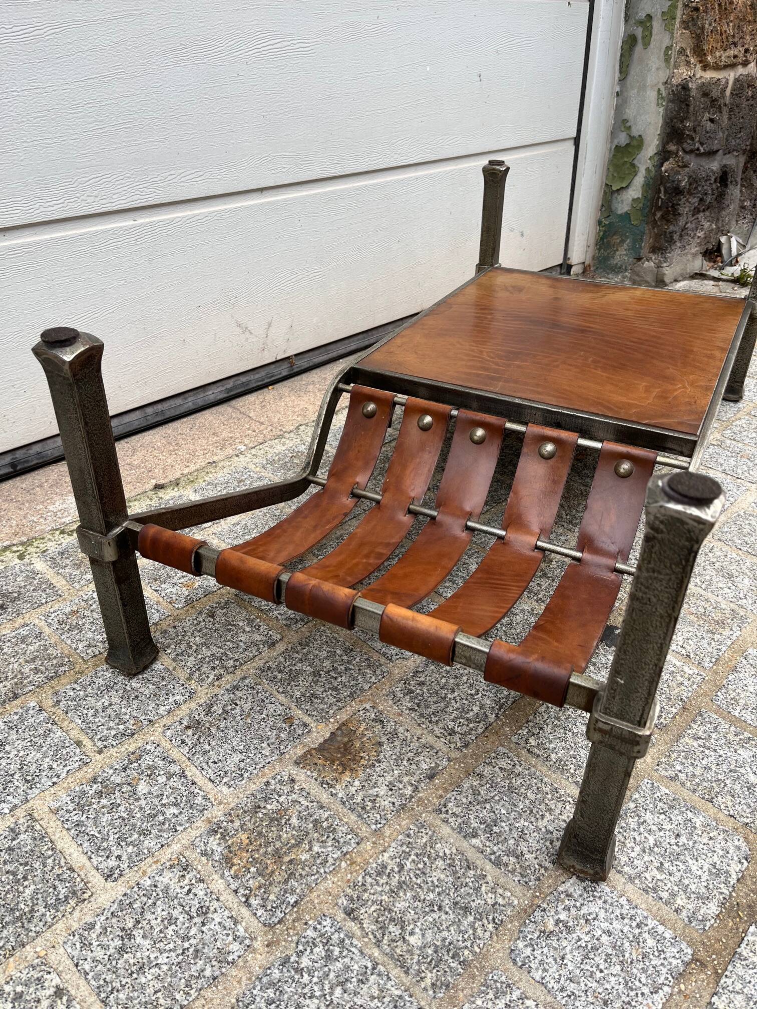 Wrought iron and leather coffee table, brutalist style, 1970s