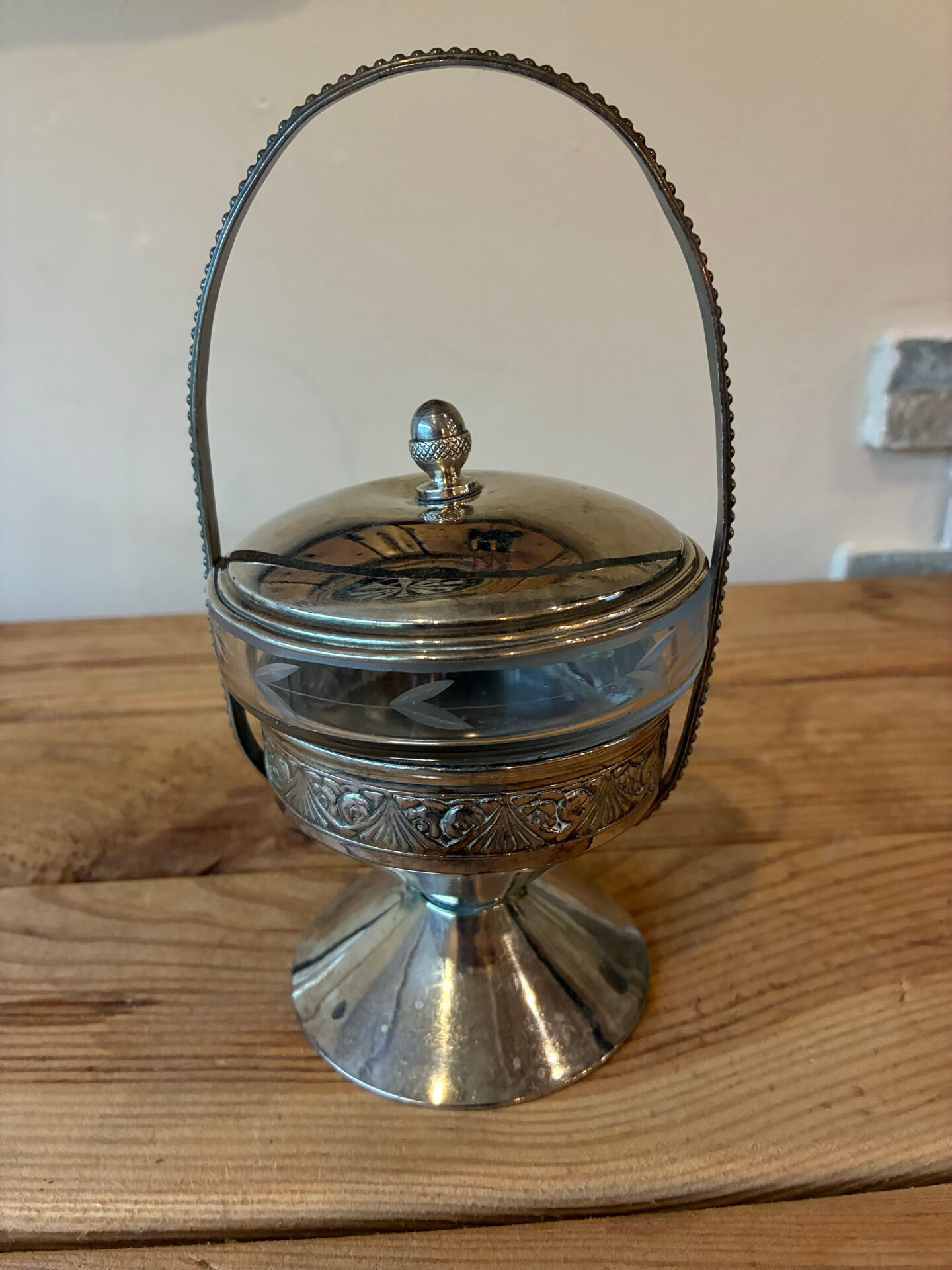 Antique sugar bowl / footed server – Engraved glass & metal mount