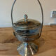 Antique sugar bowl / footed server – Engraved glass & metal mount