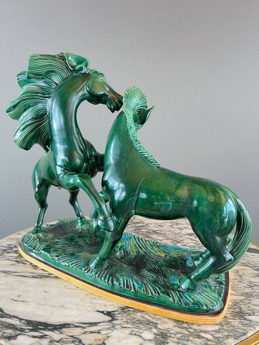 Glazed Ceramic Sculpture, Two Horses, Signed R. Prunet, 20th Century