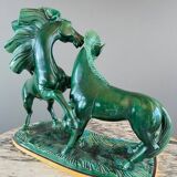 Glazed Ceramic Sculpture, Two Horses, Signed R. Prunet, 20th Century