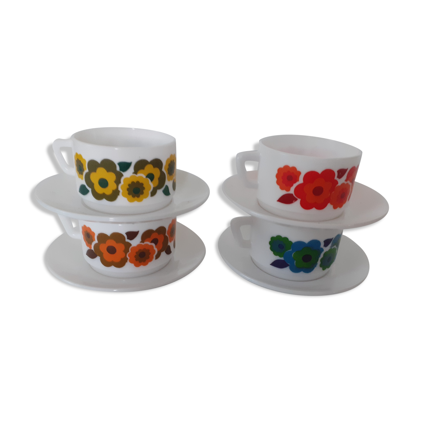 4 Cups LOTUS Arcopal yellow orange blue red vintage