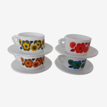 Set de 4 tasses lotus Arcopal jaune orange bleu rouge vintage