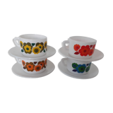 4 Cups LOTUS Arcopal yellow orange blue red vintage