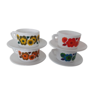 4 Cups LOTUS Arcopal yellow orange blue red vintage