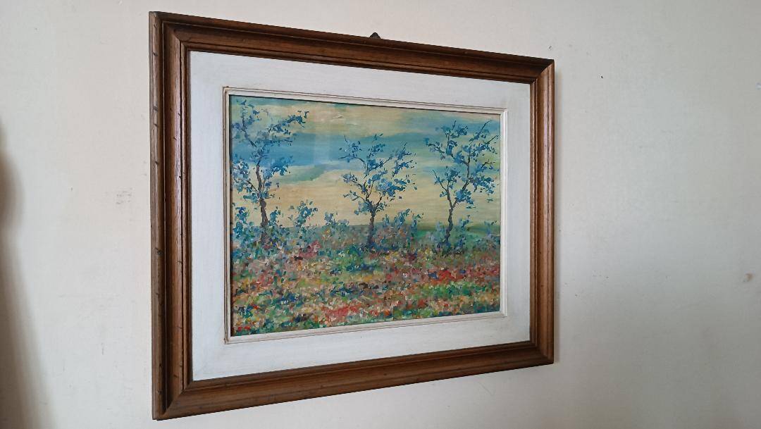 Peinture à l'huile sur panneau paysage campagne prairie fleurie signée