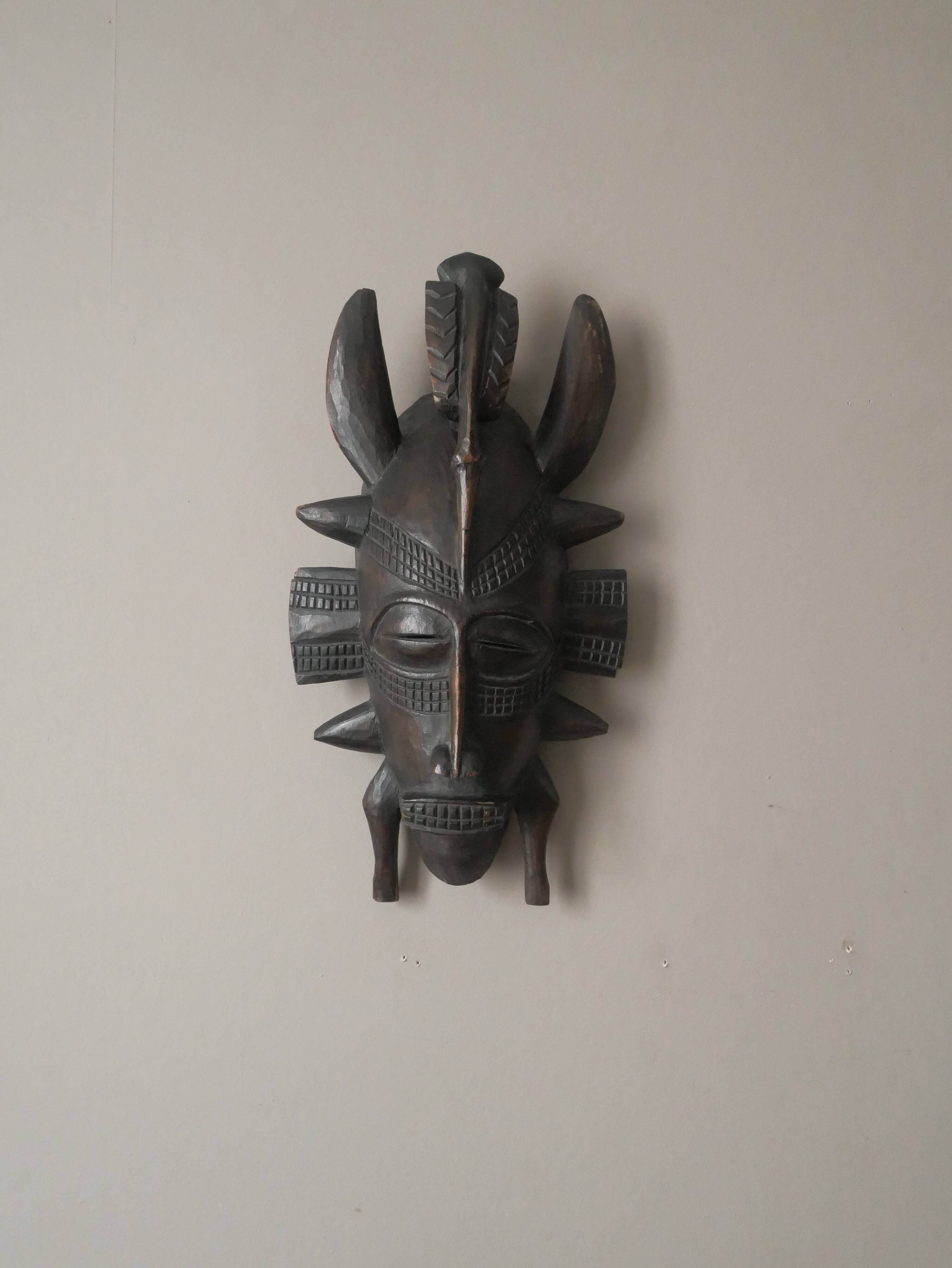 Vintage African Art wooden wall mask handcrafted tribal ethnic decorative object