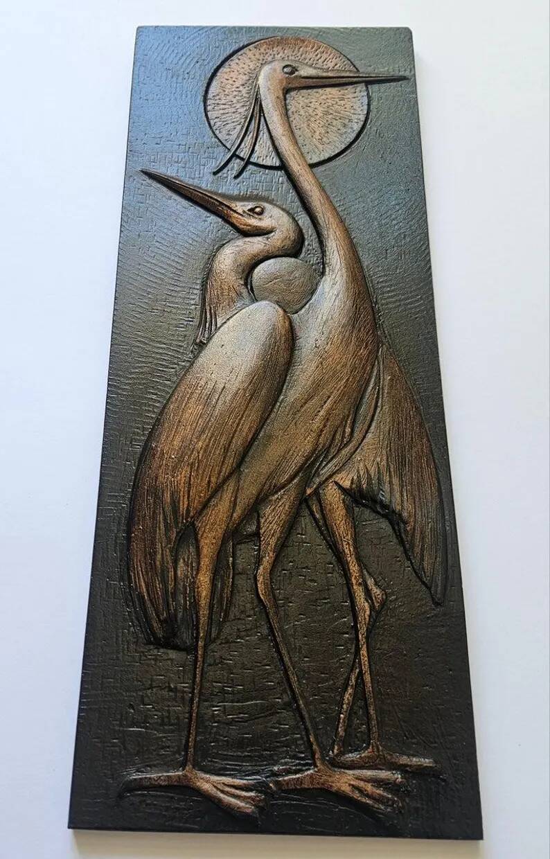 Rare Wall Wood Relief Sculpture of Herons, 1960s