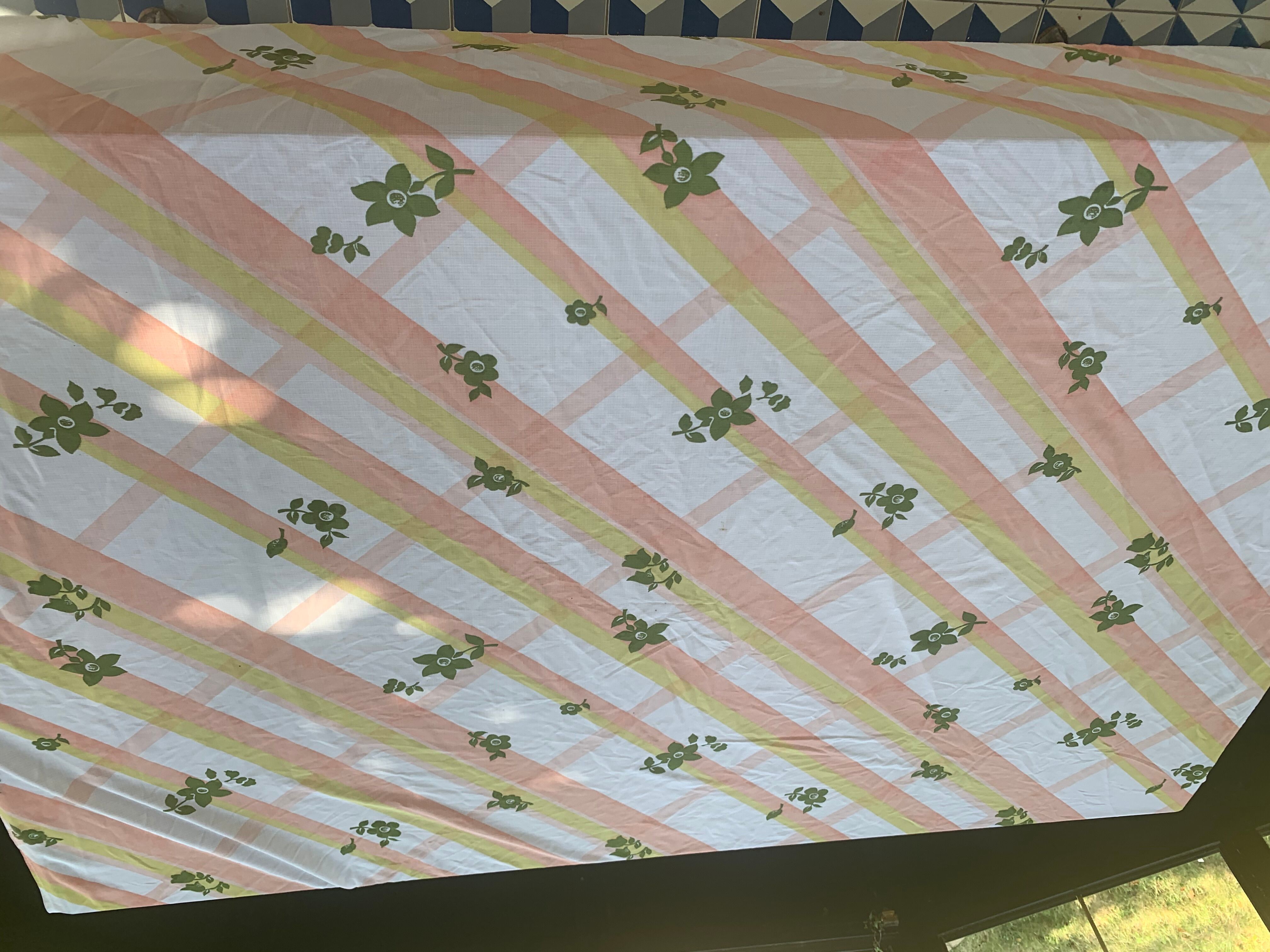 Tergal tablecloth with orange stripes and vintage khaki flowers 1970