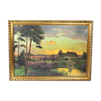 Antique painting landscape sunset, vintage art from the 50's