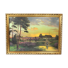 Antique painting landscape sunset, vintage art from the 50's