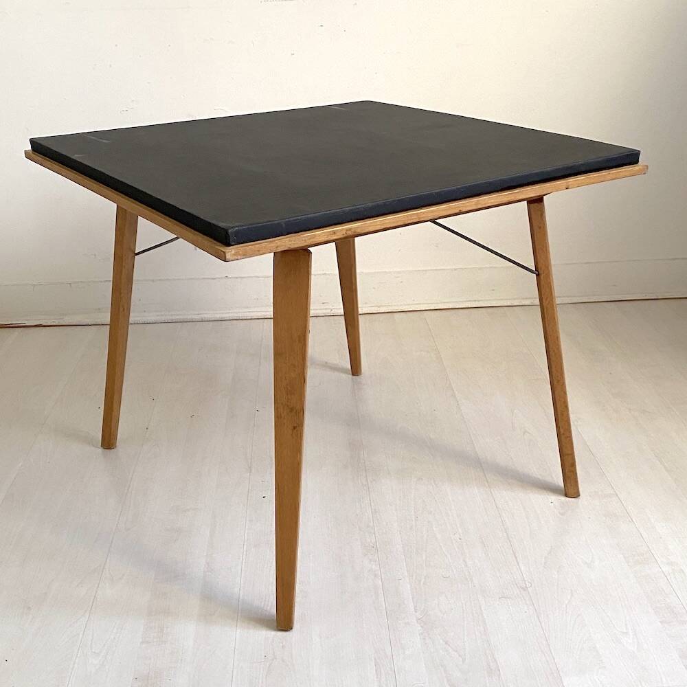 Folding Coffee Table "PLIDEAL" Beech & Black Faux Leather 50s Vintage