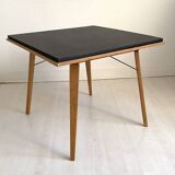 Folding Coffee Table "PLIDEAL" Beech & Black Faux Leather 50s Vintage