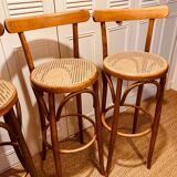 Tabourets de bar en bois courbé et cannage