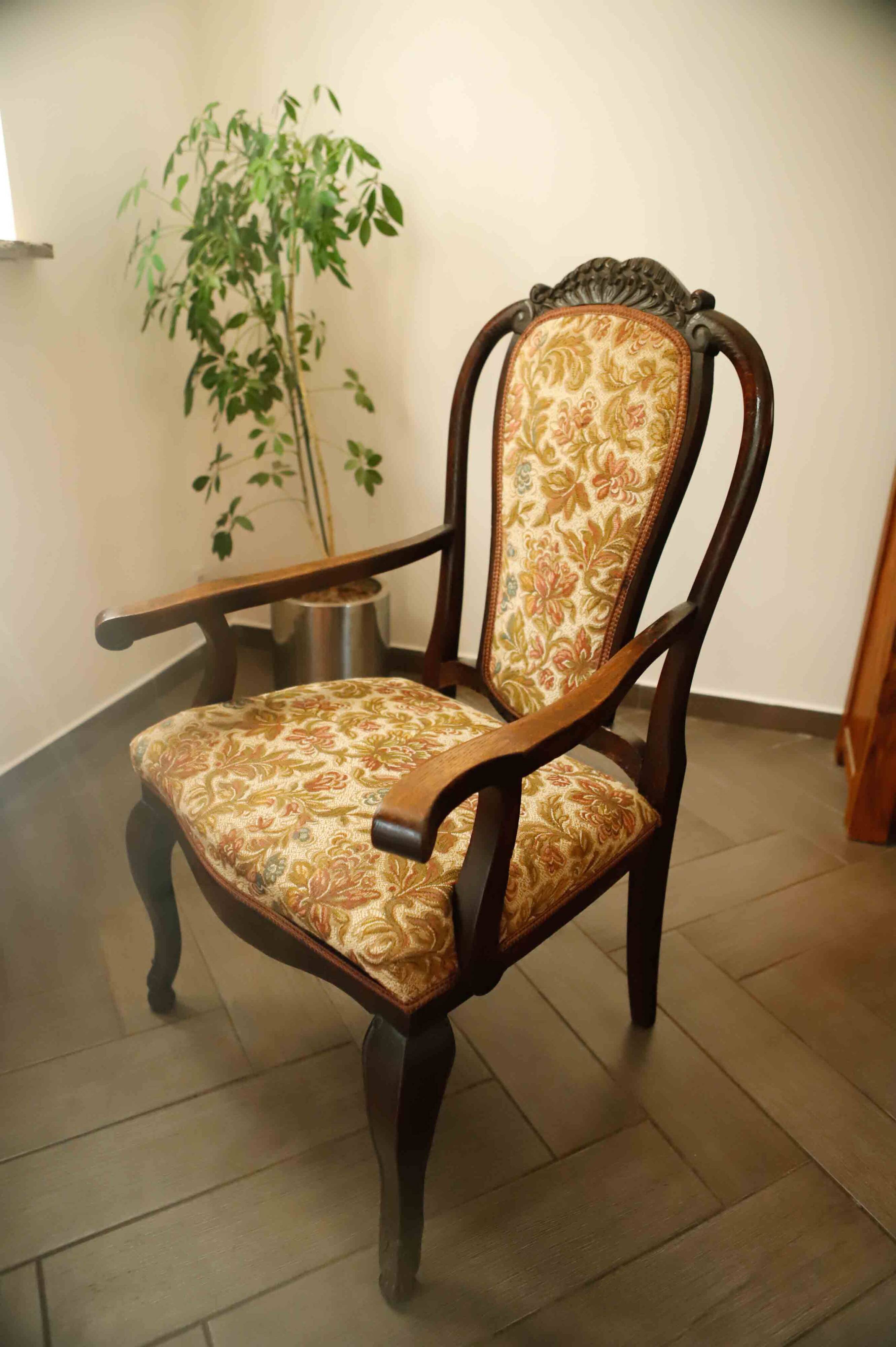Antique Queen Anne Revival Carver Armchair with Floral Tapestry Upholstery