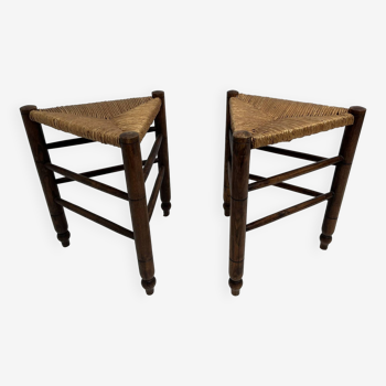 Pair Of Straw Tripod Stools 1960s