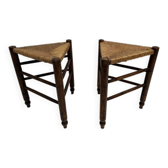 Pair Of Straw Tripod Stools 1960s