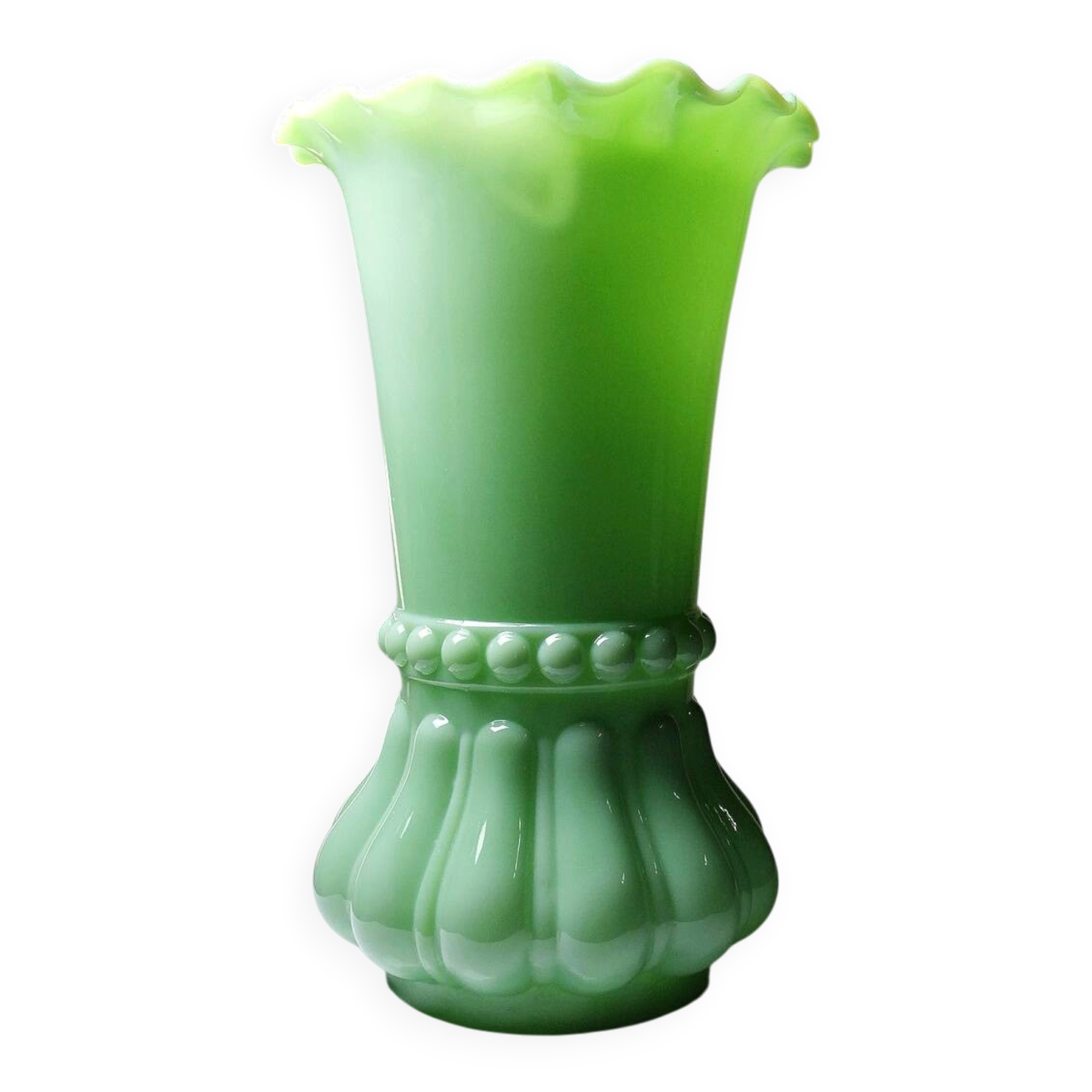 Large antique jade green opaline crystal vase, circa 1900-1930.