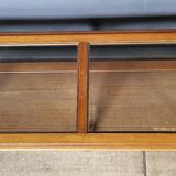 Authentic old coffee table in solid wood and rattan, beveled glass top