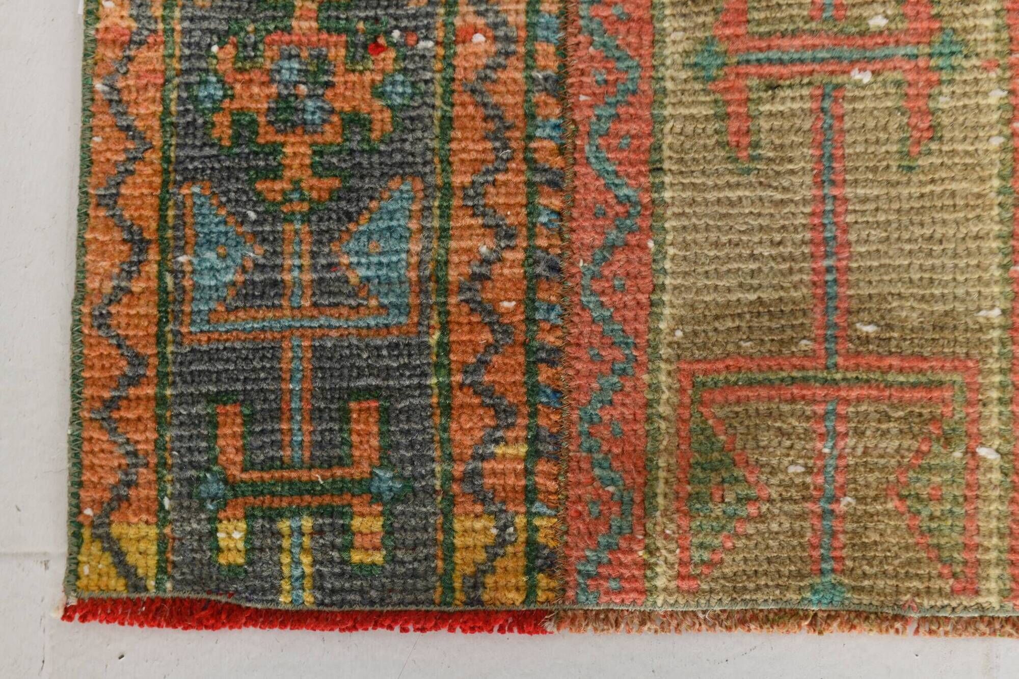 2x9 Vintage Coral Orange & Green Turkish Runner Rug, 70x275Cm