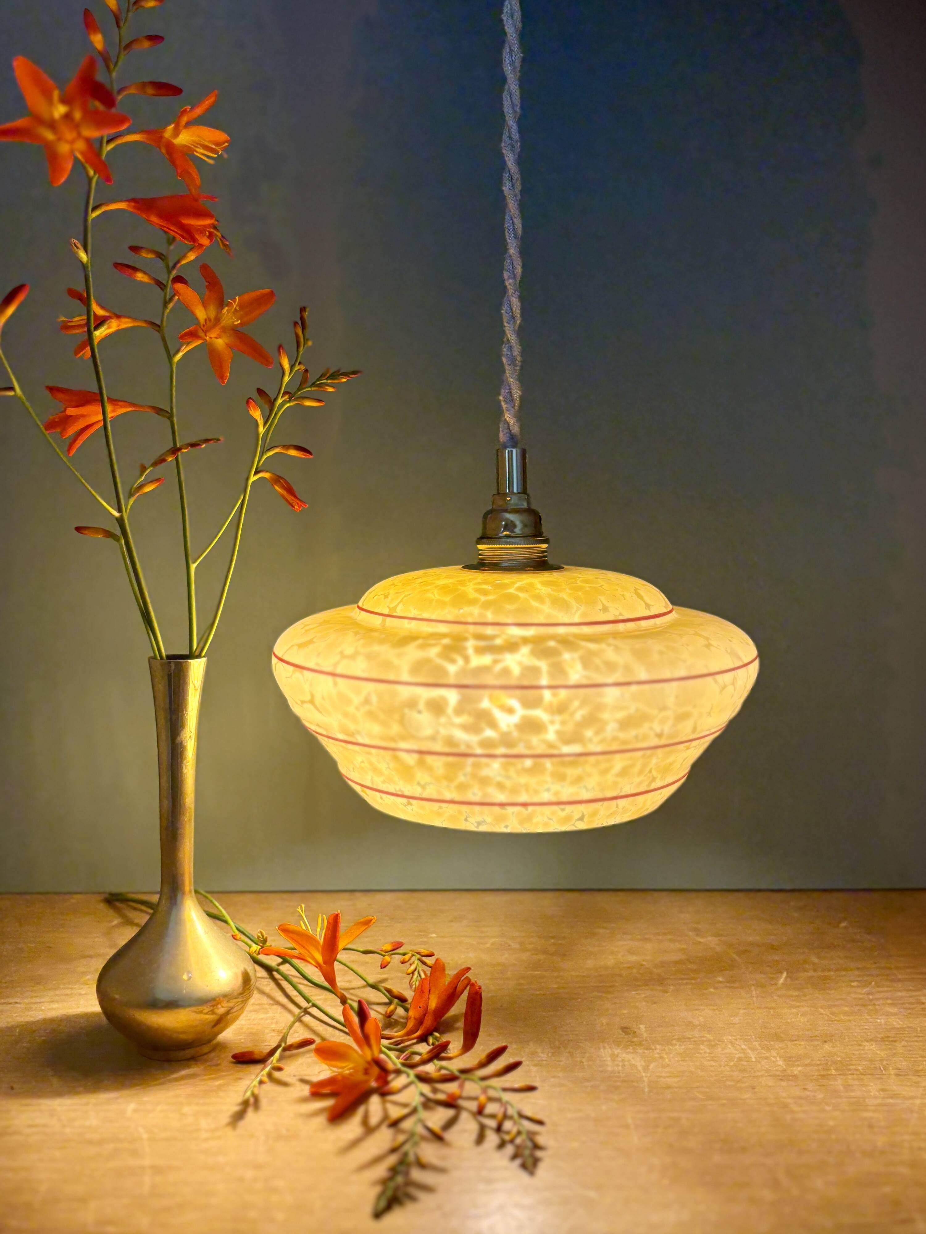 Vintage pendant lamp shade in yellow Clichy glass with red trim