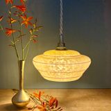 Vintage pendant lamp shade in yellow Clichy glass with red trim