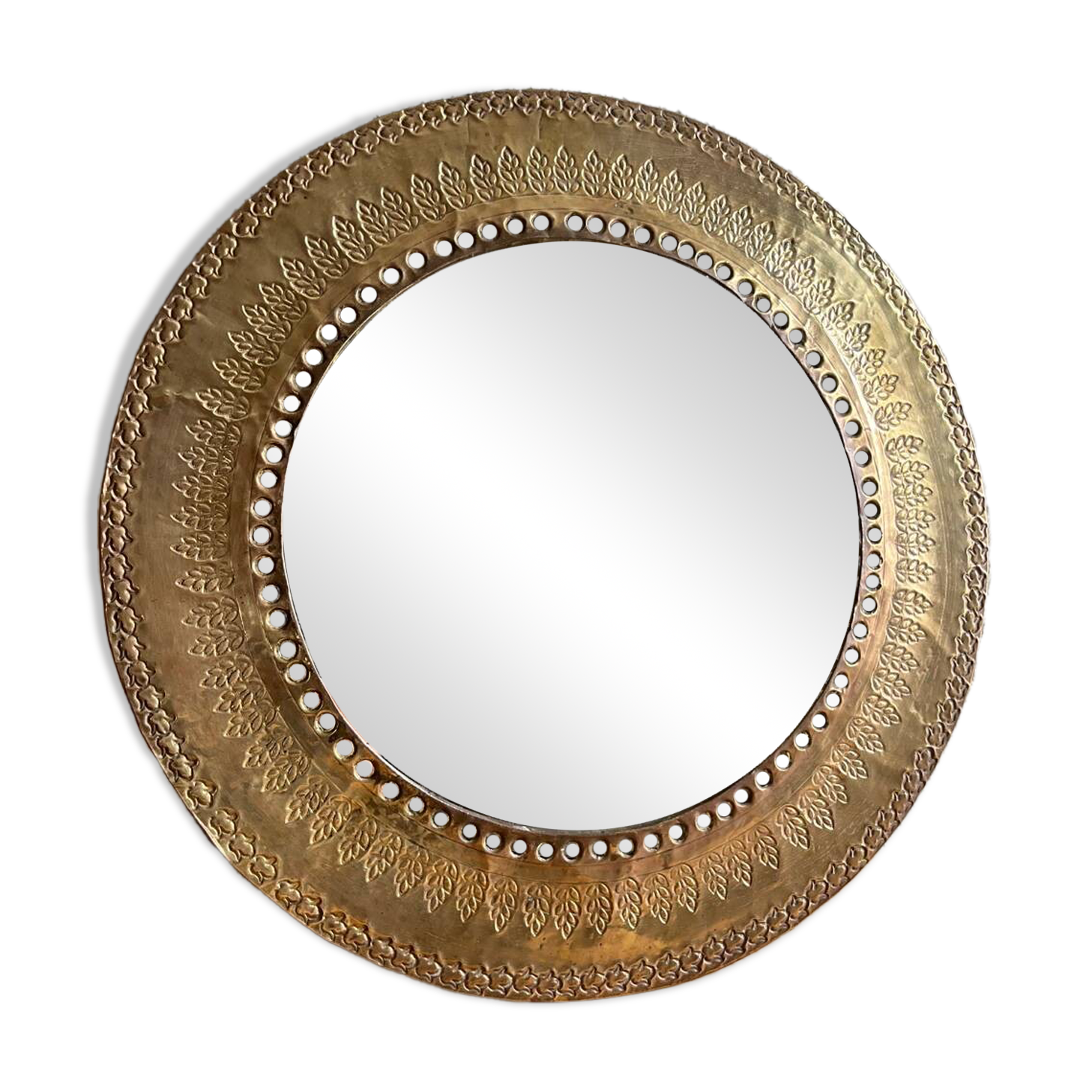 Round hammered brass mirror / vintage openwork
