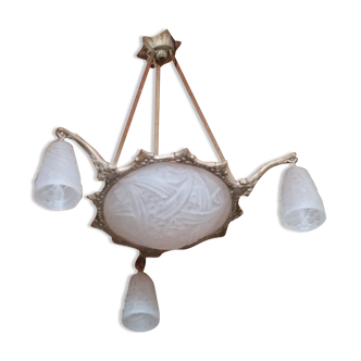 Art Deco chandelier in silvered bronze basin and tulips in molded glass signed Négras