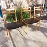 5 Scandinavian style chairs, wood and black faux leather.