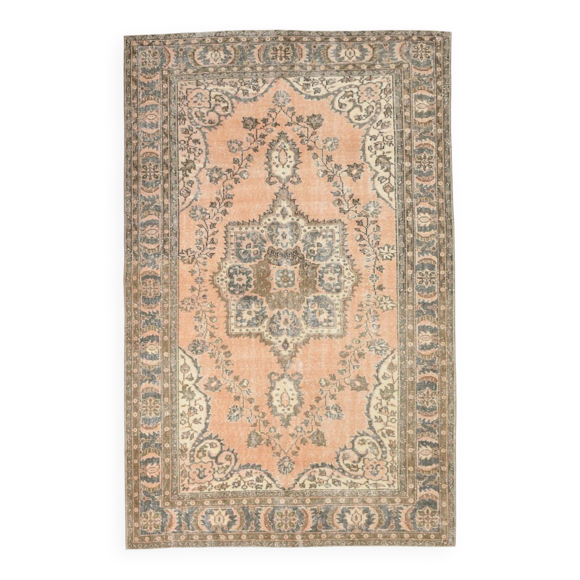Tapis persan vintage saumon et ivoire, médaillon floral noué main,182x284Cm