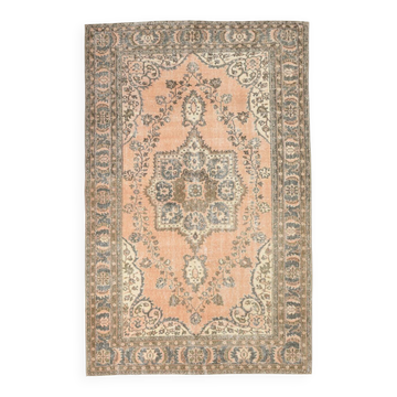 Tapis persan vintage saumon et ivoire, médaillon floral noué main,182x284Cm