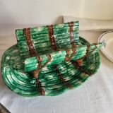 Dish and Asparagus Drainer in Green Barbotine Earthenware