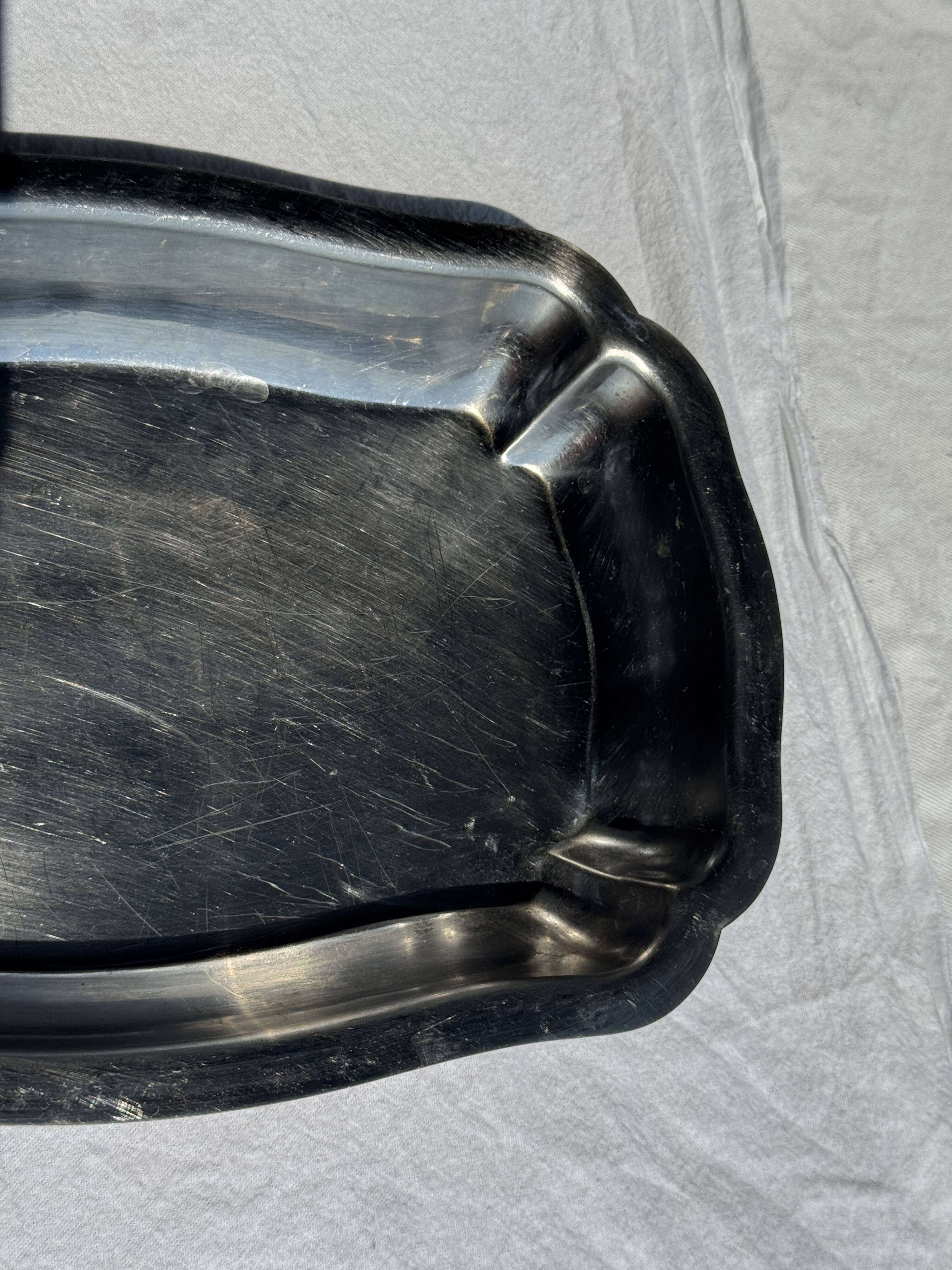 Silver metal serving dish oval rectangular high edges 30.5 x 21