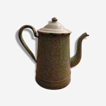 Ancienne petite cafetière émaillée verte moucheté blanc