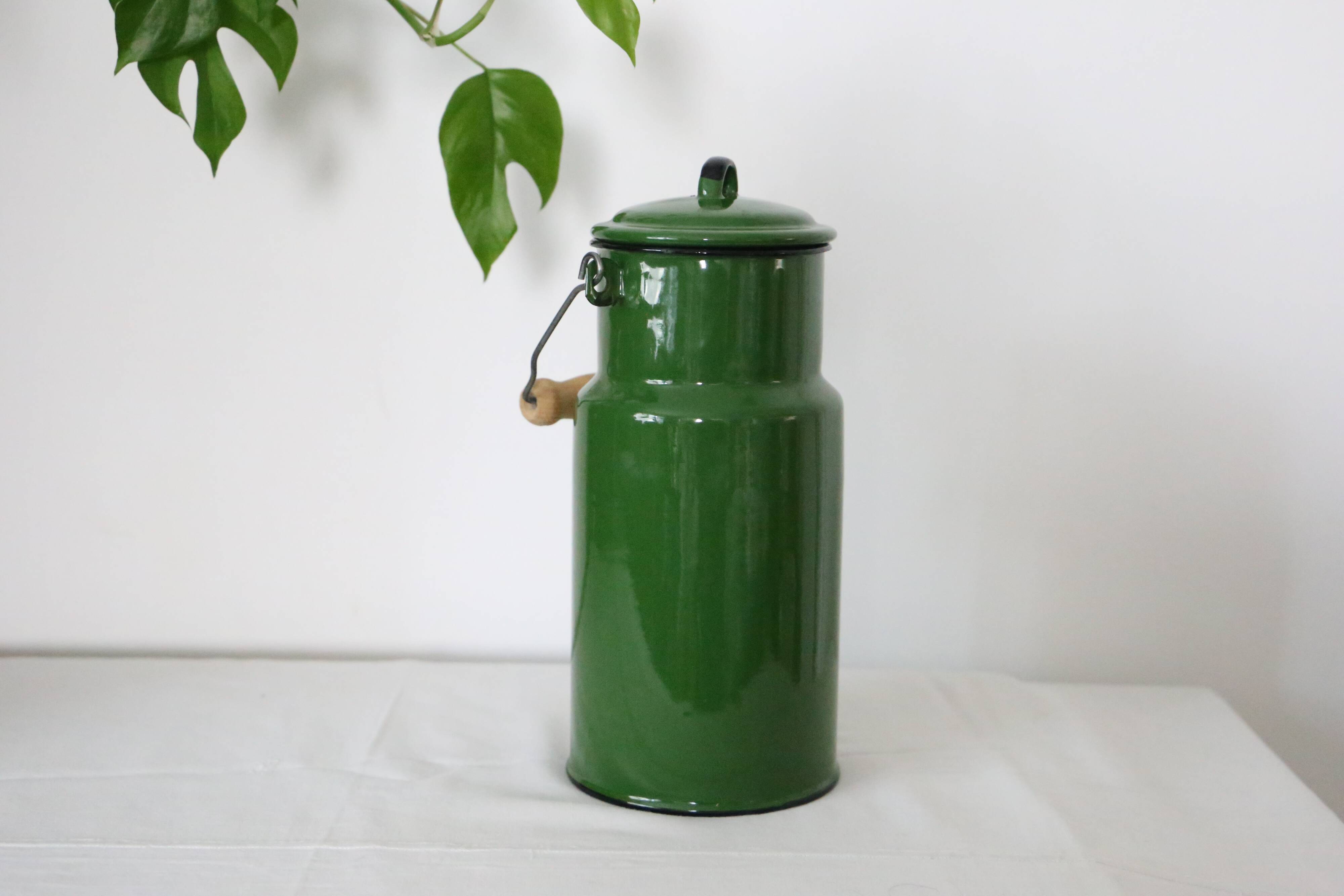 Enamelled metal milk jar, vintage