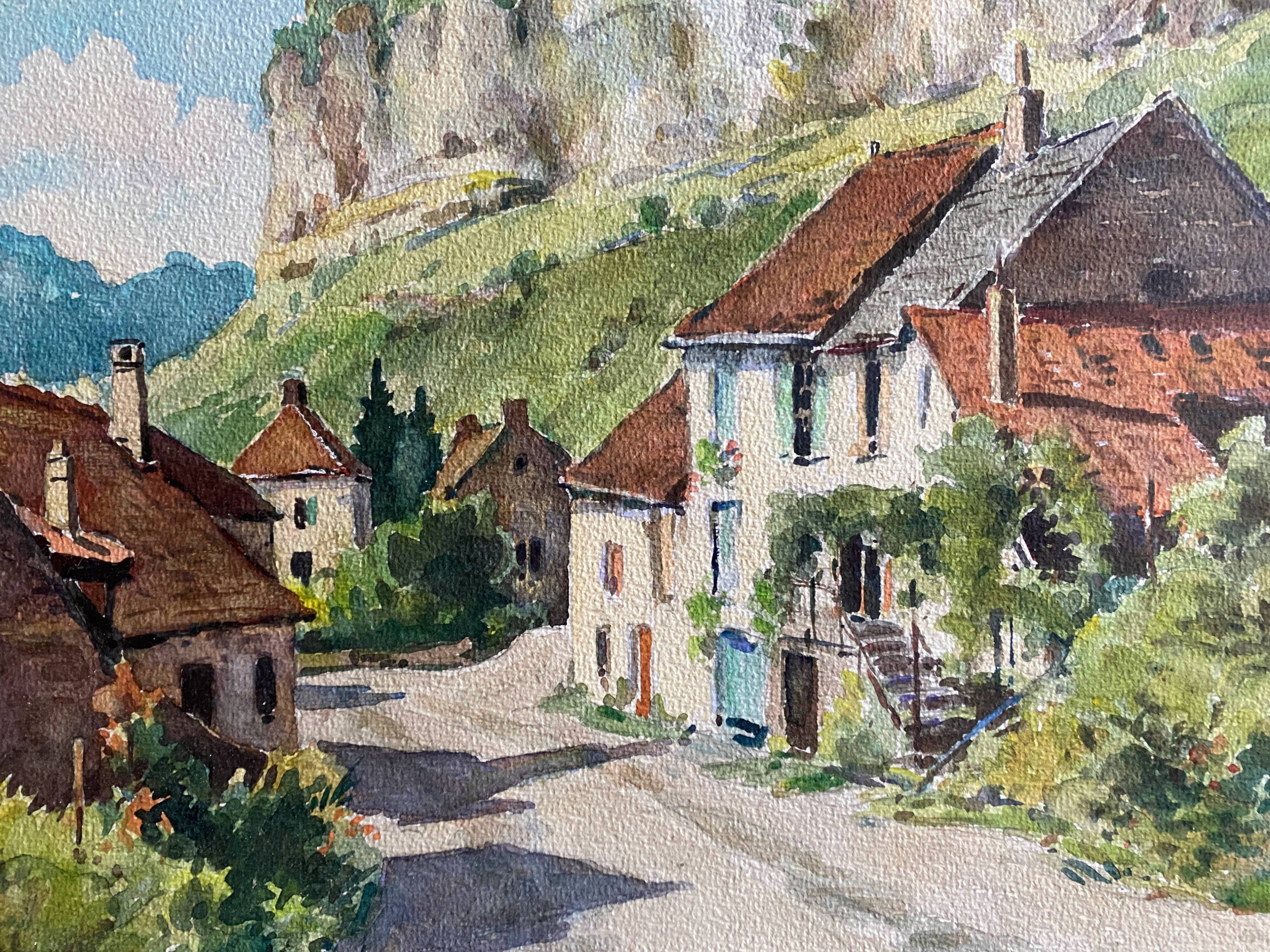 Watercolor Painting Jeep Nefkens (1926/1999) Watercolor Village on the edge of the cliff