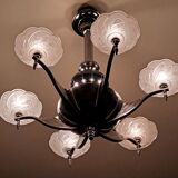 Art deco chandelier in chromed metal and glass 6 arms of lights