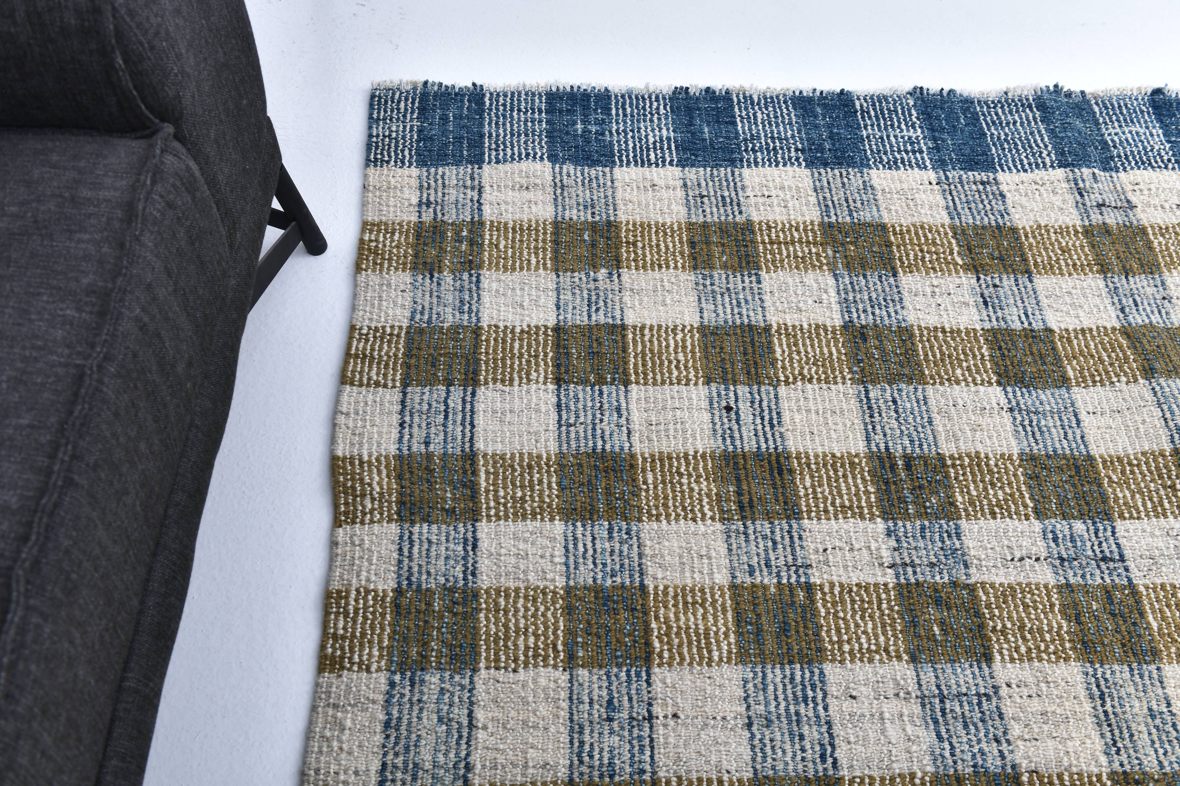 scandinavian kilim 290x190 cm , blue beige and  mustard colour.