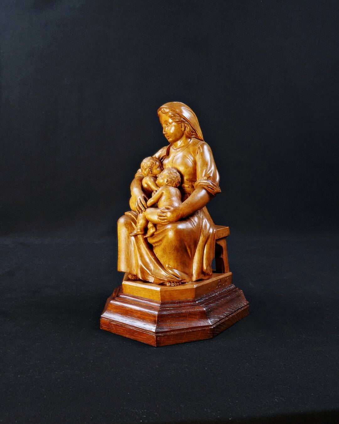 Virgin breastfeeding the Child Jesus and Saint John religious sculpture wood