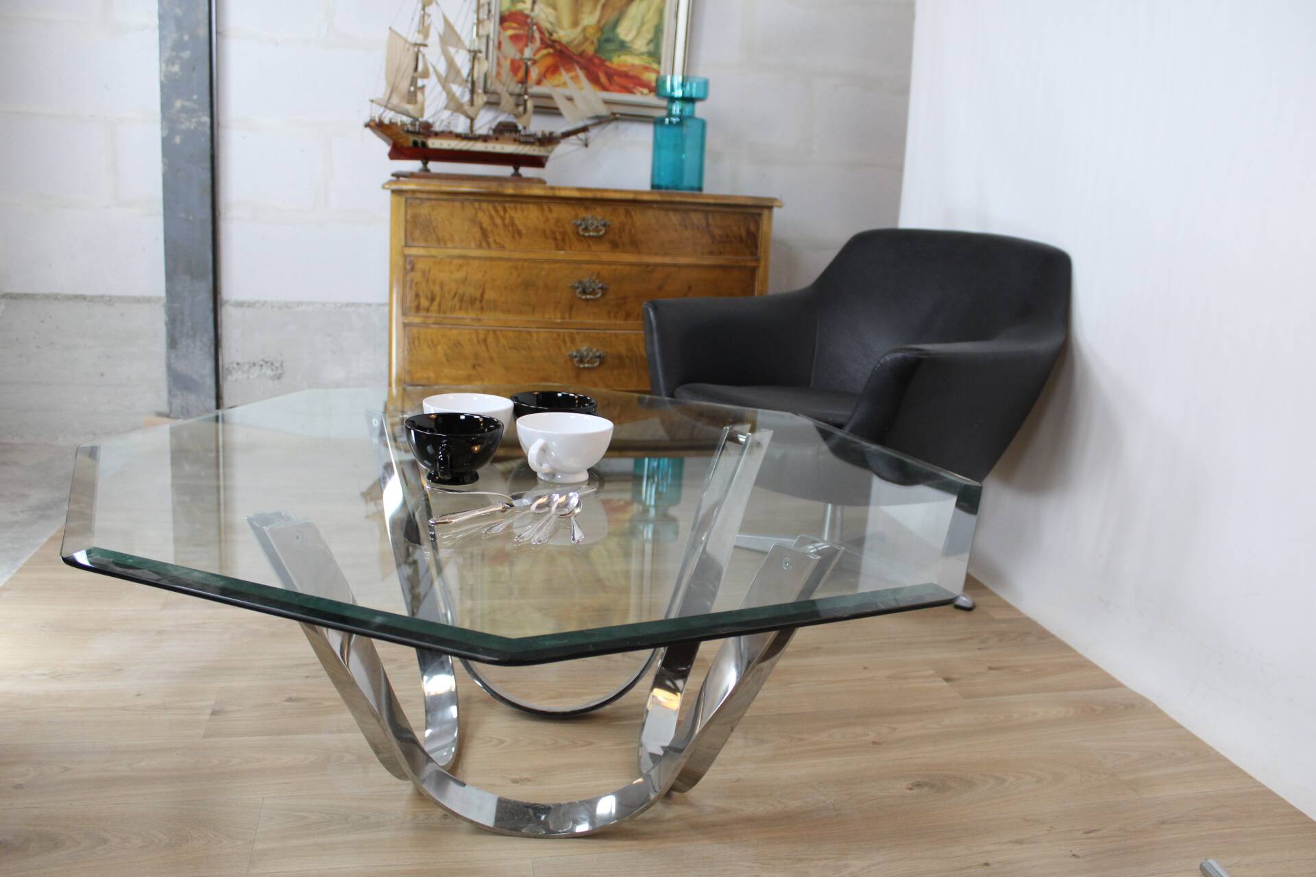 Glass and chrome coffee table by Roger Spunger for Dunbar, 1960s, USA