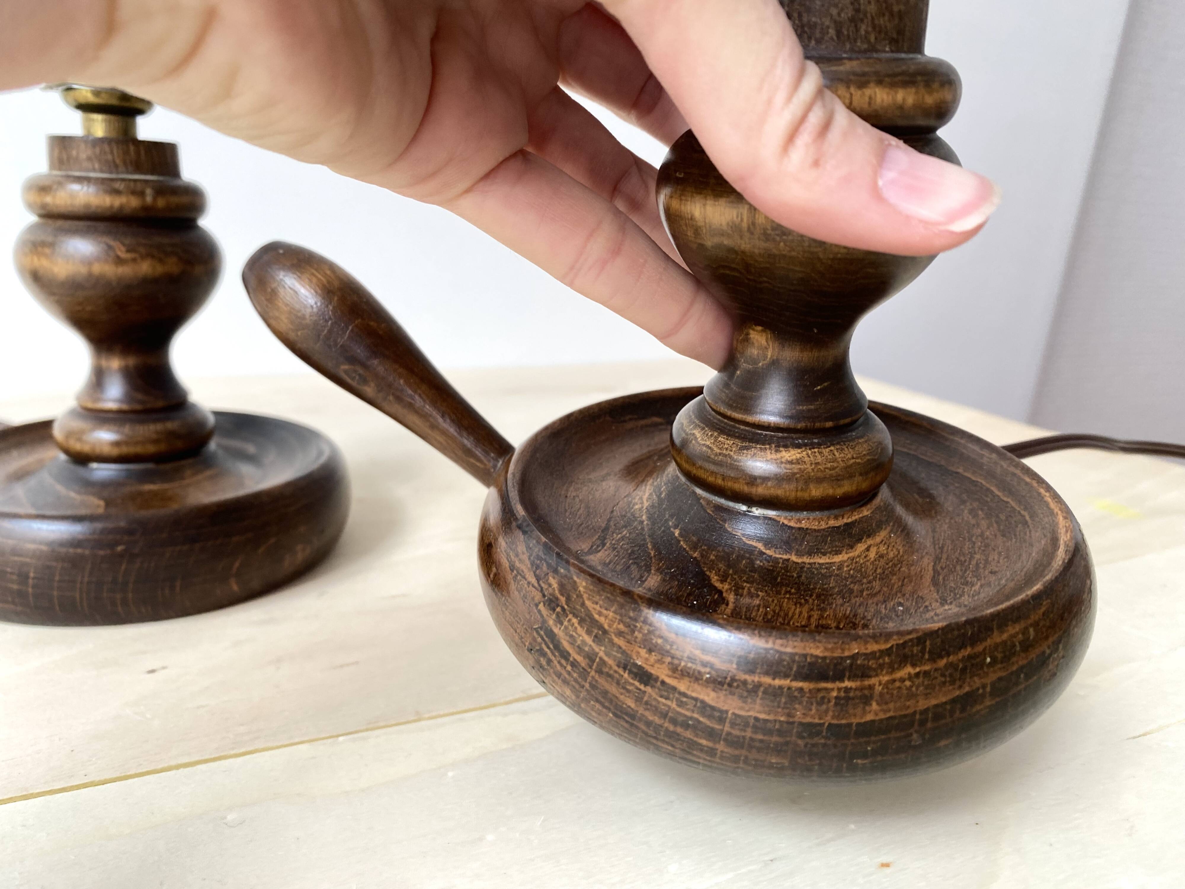 Pair of 50s turned wooden candlestick lamps, vintage lighting fixtures, rustic lamp bases